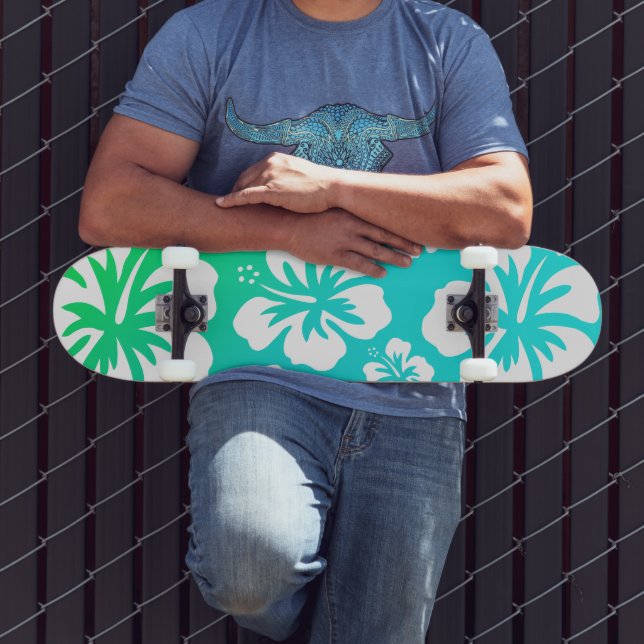 Skateboard Hibiscus sur le bleu vert (Extérieur 3)