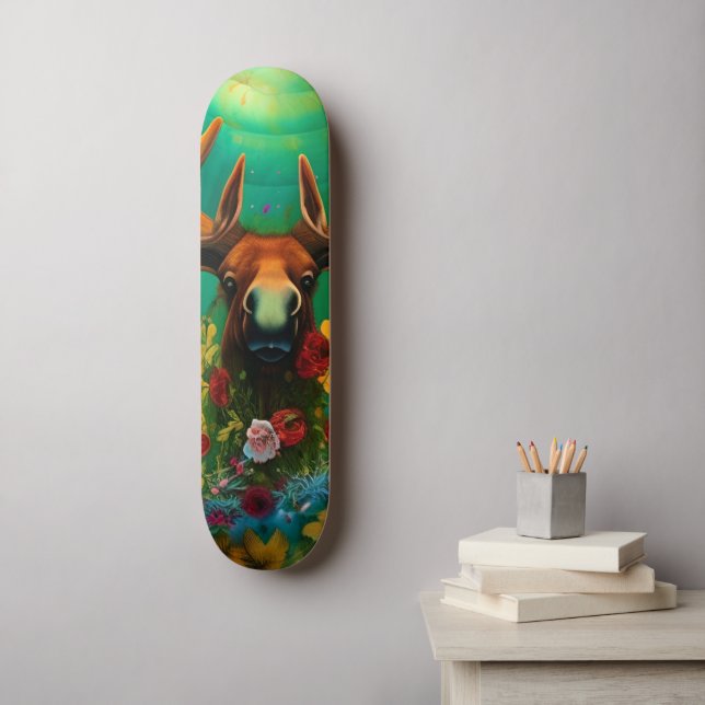Skateboard Hippy Trippy Moose avec fleurs AI Art (Art mural)
