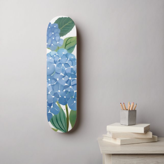 Skateboard Hydrangée bleue Aquarelle Florale (Art mural)
