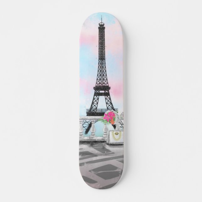 Skateboard I Love Paris - Tour Eiffel et fleurs de bouquet (Devant)