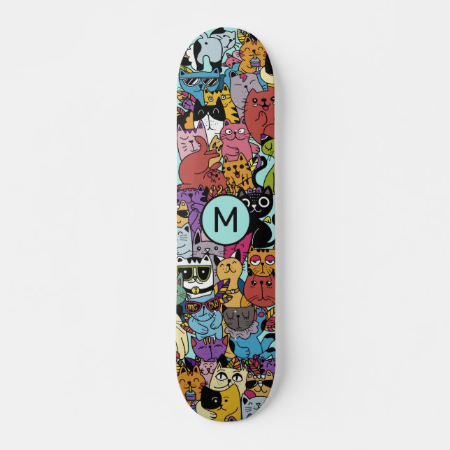 Skateboard Illustration de chats drôles avec monogramme perso (Devant)