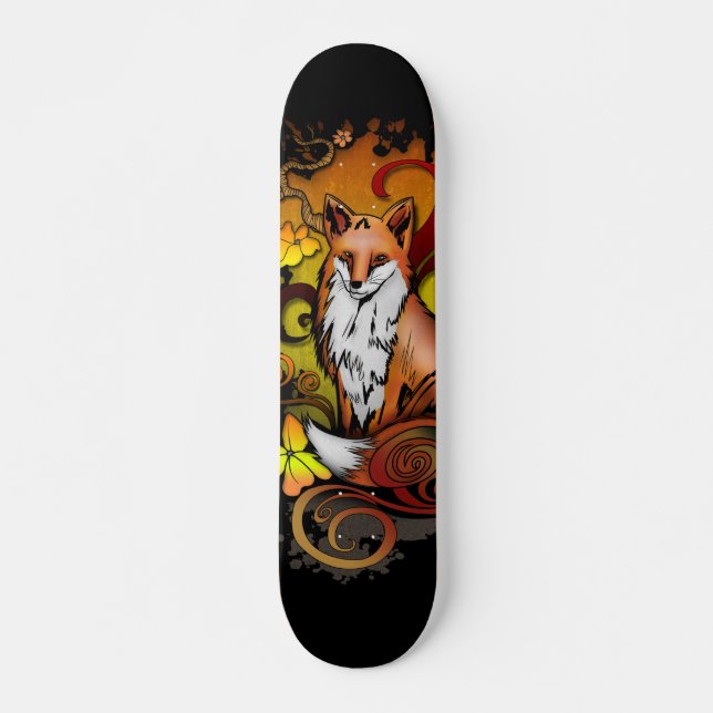 Skateboard Illustration de renard d'automne sur fond noir (Devant)