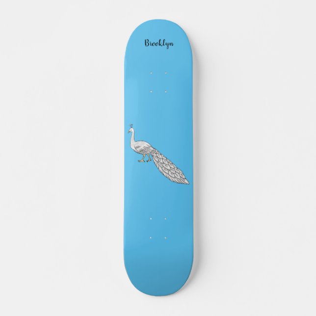 Skateboard Illustration d'oiseau de paon blanc (Devant)