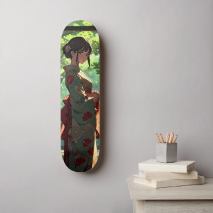 Skateboard Illustration d'une fille japonaise en kimono vert