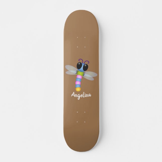 Skateboard Illustration d'une libellule bleu et rose (Devant)