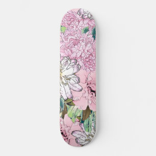 Skateboard Illustration florale mignonne rose et blanc