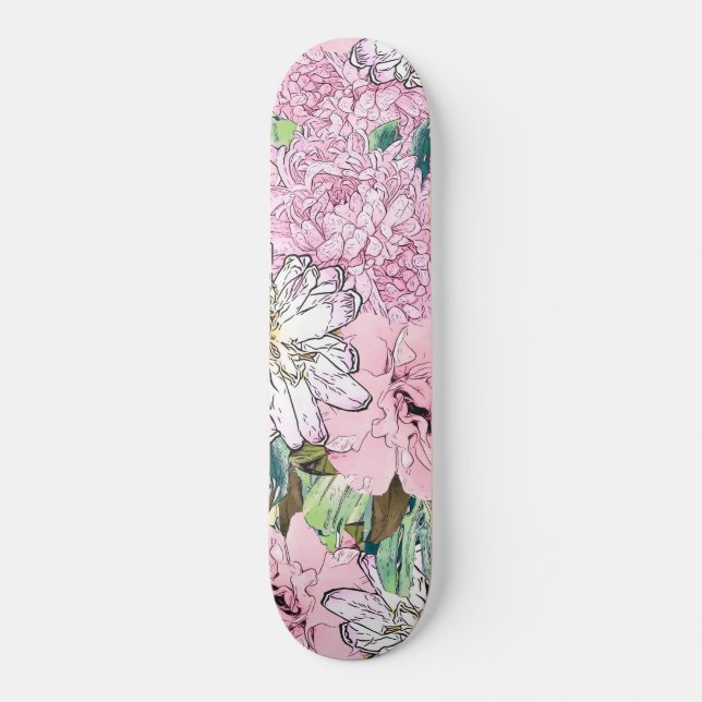 Skateboard Illustration florale mignonne rose et blanc (Recto)