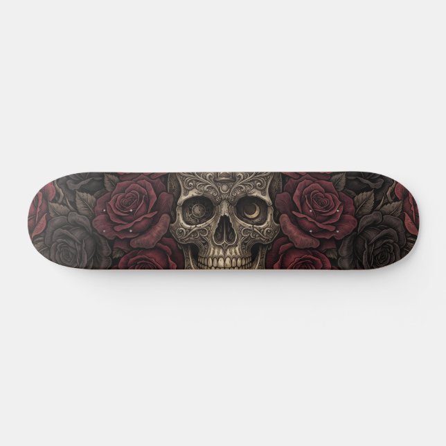 Skateboard Illustration gothique de crâne complexe et de rose (Horz)