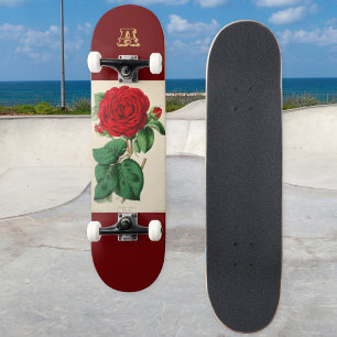 Skateboard Illustration vintage de Fleur de Rose Rouge Monogr