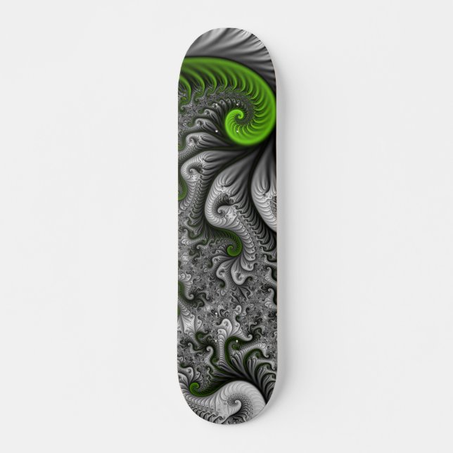 Skateboard Imaginaire Monde Vert Et Gris Art Fractal Abstrait (Devant)
