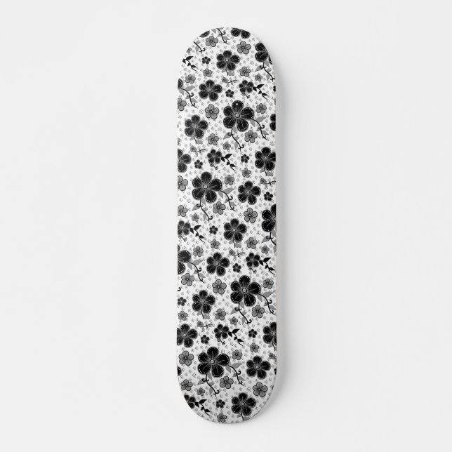 Skateboard Impression florale noire et blanche (Devant)