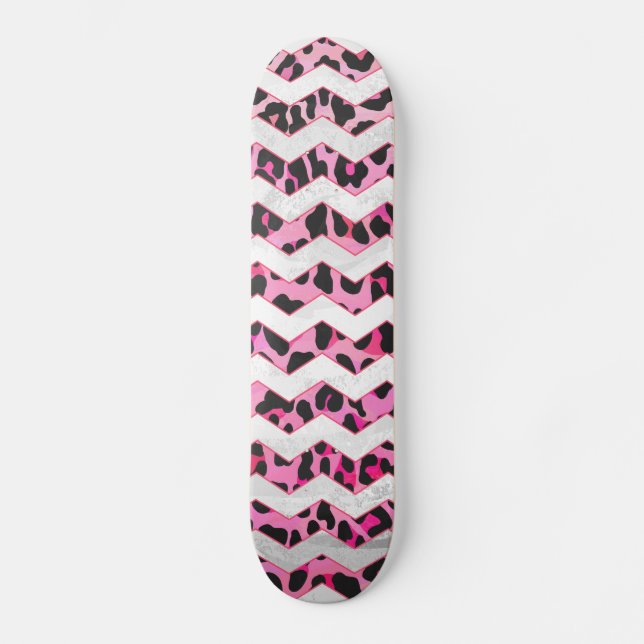 Skateboard Impression léopard noir et rose chaud (Recto)