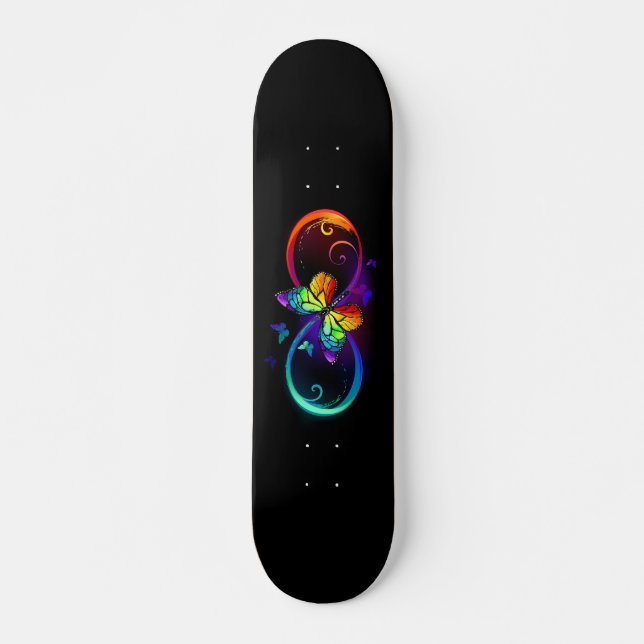 Skateboard Infini vibrant avec papillon arc-en-ciel sur noir (Devant)