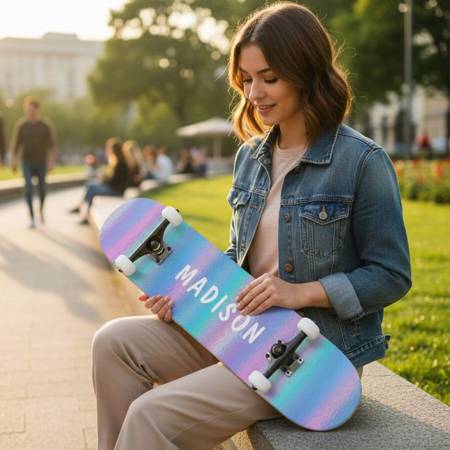 Skateboard Iridescente Moderne Fille Rose Bleu Personnalisé (Créateur téléchargé)