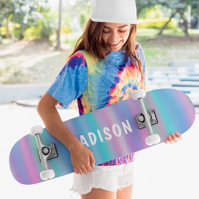 Skateboard Iridescente Moderne Fille Rose Bleu Personnalisé (Créateur téléchargé)