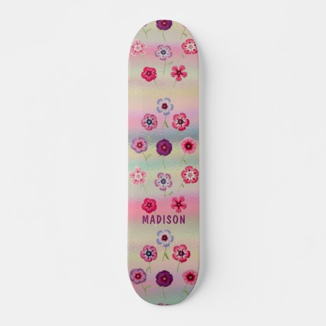Skateboard Iridescente Moderne Fille Rose Purple Fleurs Nom (Devant)
