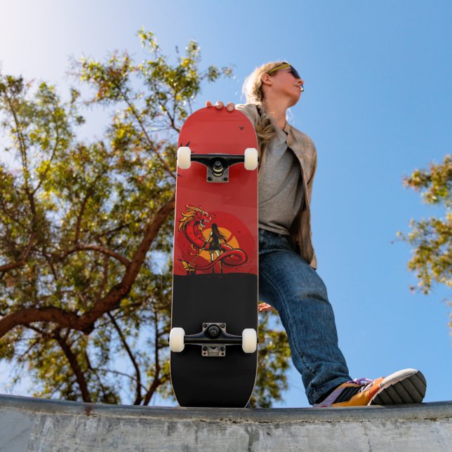 Skateboard Japanese Warrior Woman Dragon Fighter Sunset (Extérieur 1)