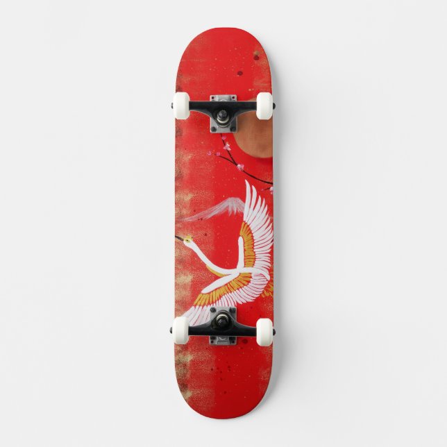 Skateboard Japonaise grue soleil Japon sakura rouge (Recto)