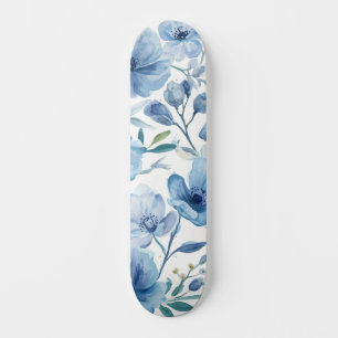 Skateboard Jardin Floral Aquarelle Botanique Bleu