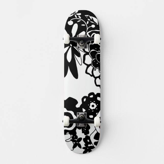 Skateboard Jardin floral noir et blanc Motif graphique (Recto)