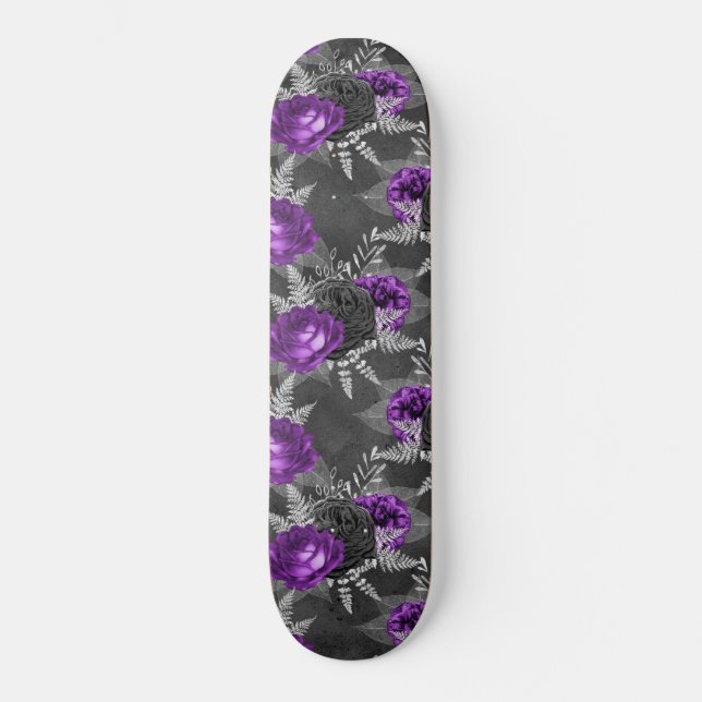 Skateboard Jardin noir des Feuilles d'argent des Roses violet (Recto)