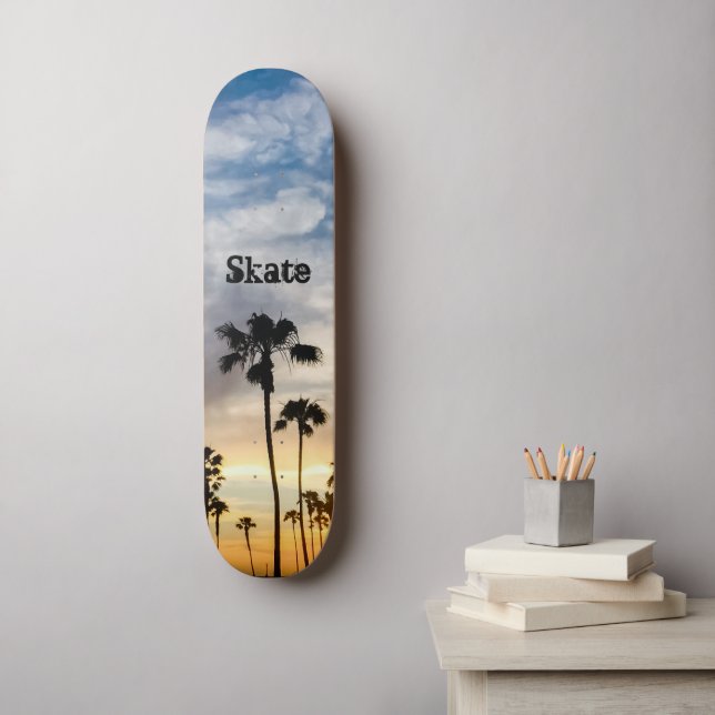 Skateboard Jaune bleu moderne Coucher de soleil sur palmier p (Art mural)