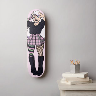Skateboard Joli Ado Punk Girl rose vert manga illustration