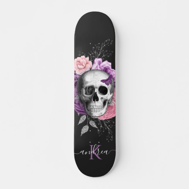 Skateboard Joli crâne floral Feuilles botaniques Nom Monogram (Devant)