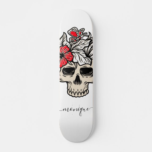 Skateboard Joli Crâne floral Gothique Squelette tendance Nom (Devant)