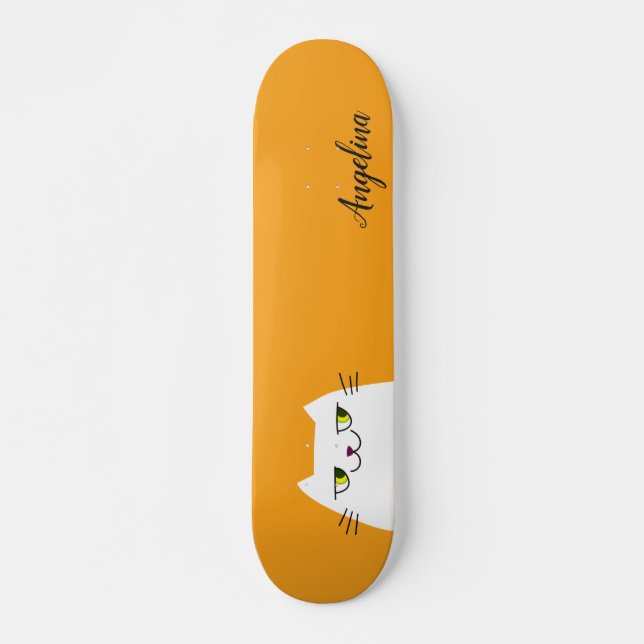 Skateboard Joli Drôle Simple Chat Blanc Monogramme Jaune (Devant)