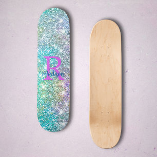 Skateboard Joli monogramme licorne iridescent bleu faux paill