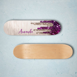 Skateboard Joli monogramme rose rouge moderne pailleté à gout