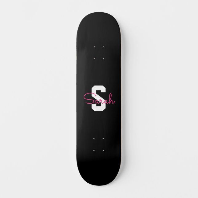 Skateboard Joli nom et monogramme | Noir Blanc et Rose (Recto)