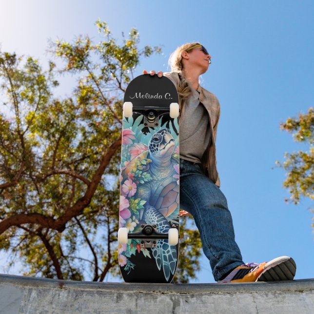 Skateboard Joli pont de tortue de mer fleurie (Extérieur 1)