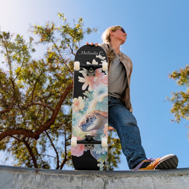 Skateboard Joli pont de tortue de mer fleurie (Extérieur 1)