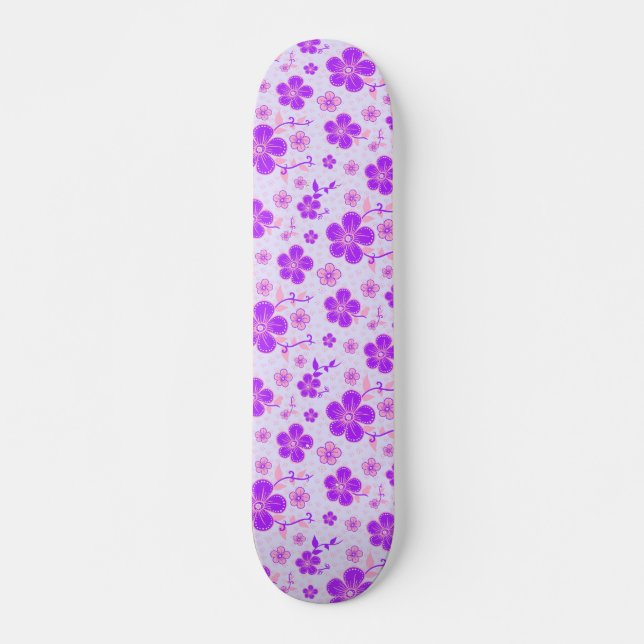 Skateboard Jolie impression florale violet et rose sur Lavend (Devant)