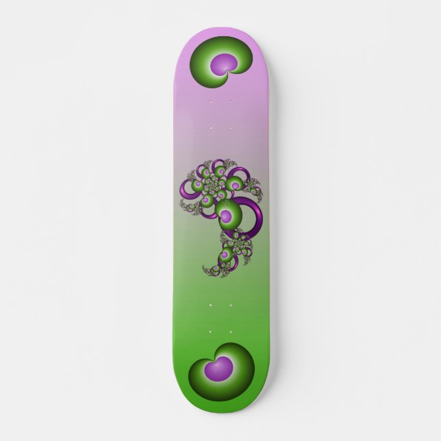 Skateboard Jolis cœurs verts roses modernes abstraits fractal (Devant)
