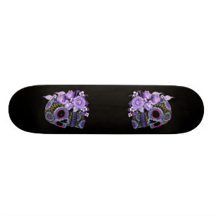 Skateboard Jour noir floral pourpre de crâne de sucre des
