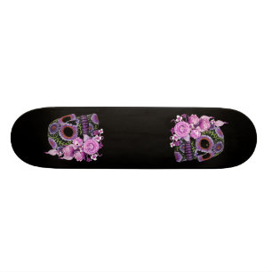 Skateboard Jour noir floral rose de crâne de sucre des morts