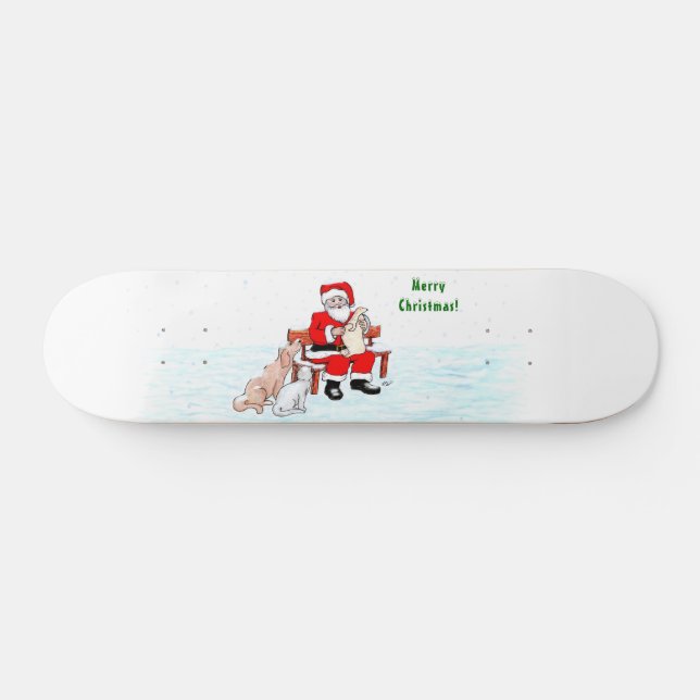 Skateboard Joyeux Noël! Père Noël avec chat et chien (Horz)