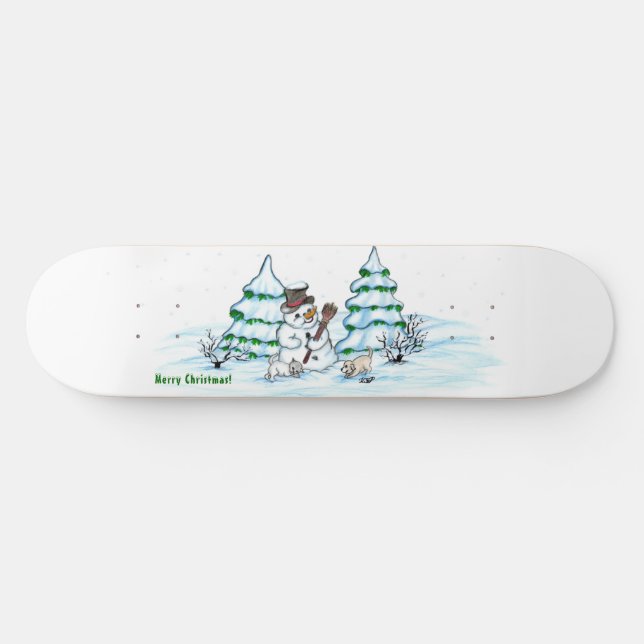Skateboard Joyeux Noël ! Snowman avec chat et chiot (Horz)