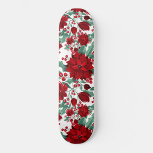 Skateboard Joyeux rouge Poinsettia Fleurs Feuilles ivoire Aqu
