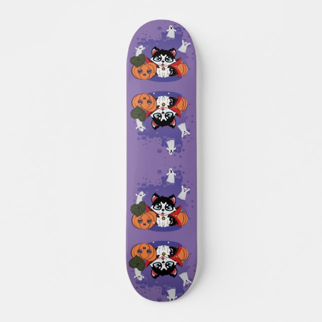 Skateboard Kawaii compte Huskula avec citrouilles et fantômes (Devant)