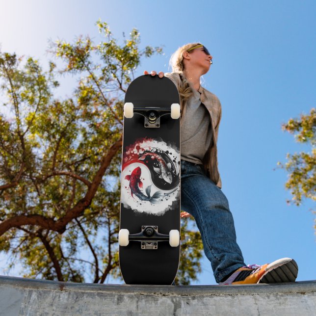 Skateboard Koi Fish Taiji Cercle Japonais Art Noir Et Blanc (Extérieur 1)
