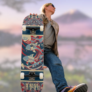 Skateboard Koi Fish with Red Blue Crazy Pattern Monogram