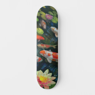 Skateboard Koi Poisson Natation Lotus Fleur Zen Pond Peinture