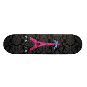 Skateboard La tour Eiffel rose-chaud en faux parties scintill
