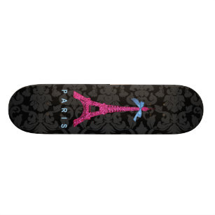 Skateboard La tour Eiffel rose-chaud en faux parties scintill