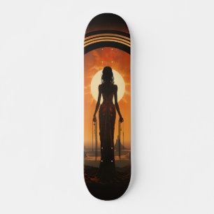 Skateboard Lady Against Sunset Art Nouveau Sci-Fi Dystopia