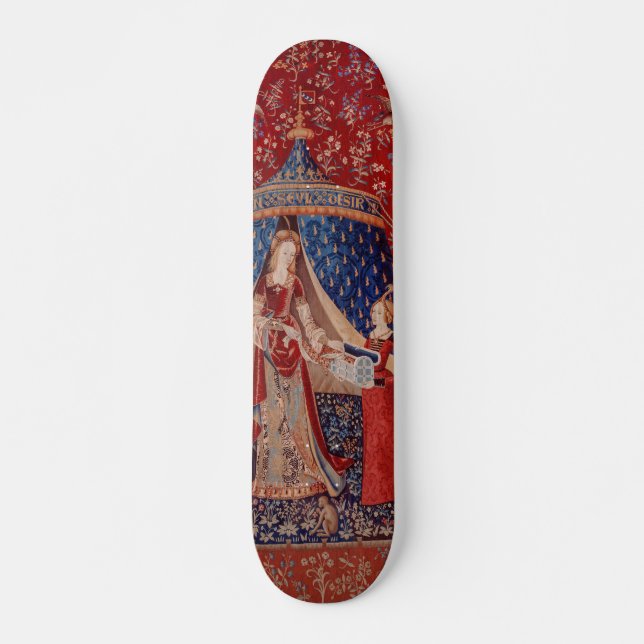 Skateboard Lady and Unicorn Medieval Tapestry Desire (Devant)